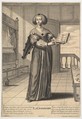 Grammar: a young woman standing in a decorated interior holding an open book in her left hand and pointing to the alphabet inscribed on its pages with her right hand, from the series 'The liberal arts' (Les arts liberaux), Gilles Rousselet French, Engraving