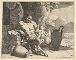 Evening: a seated satyr clasps his child, a figure hangs a garland on a pier beyond, from "Hours of the Day", Charles Le Brun French, Etching