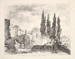 View of the gardens at the Villa d'Este in Tivoli, cyprus trees to right, a staircase leading to the villa at left, two statues at center of the staircase, three figures in the garden at right, Jean Honoré Fragonard  French, Etching