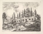 View of the entrance to Tivoli and the walls of the Villa d'Este, horsemen approaching the entrance at bottom center, arched entrance in the middleground, cyrus trees and other plants surrounding, Jean Claude Richard, Abbé de Saint-Non  French, Etching