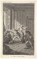 A man curled up in a chair looks toward another man who approaches him from the left in an interior setting, a woman and a man stand nearby with their hands raised, from a series of five illustrations after Jacques Philippe Joseph de Saint-Quentin for 'The mad day, or the marriage of Figaro' (La Folle journée, ou le mariage de Figaro) by Pierre Augustin Caron de Beaumarchais, Jacques Philippe Joseph de Saint Quentin  French, Etching with engraving