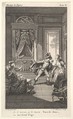 A man leans toward a woman standing in a doorway at right, at left a seated woman raises both hands, a canopied bed beyond, from a series of five illustrations after Jacques Philippe Joseph de Saint-Quentin for 'The mad day, or the marriage of Figaro' (La Folle journée, ou le mariage de Figaro) by Pierre Augustin Caron de Beaumarchais, Jacques Philippe Joseph de Saint Quentin  French, Etching with engraving