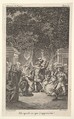 A young boy holds a torch under trees in a garden, at center a man raises both arms, surrounded by male and female figures, from a series of five illustrations after Jacques Philippe Joseph de Saint-Quentin for 'The mad day, or the marriage of Figaro' (La Folle journée, ou le mariage de Figaro) by Pierre Augustin Caron de Beaumarchais, Jacques Philippe Joseph de Saint Quentin  French, Etching with engraving