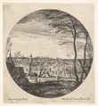 Winter landscape with figures skating on a frozen body of water in a roundel composition; a church and trees in the foreground; a bridge, churches, and windmills beyond, Matthijs van Plattenberg Flemish, Etching