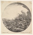Tempest in a roundel composition, at left waves toss a small ship occupied by seven figures, ships and dark clouds beyond, Matthijs van Plattenberg Flemish, Etching