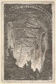 Plate 10: The Ancient Gallery: a large covered gallery, light entering from the background, six figures standing atop piles of rocks in the foreground, from "Les soirées de Rome", Hubert Robert  French, Etching
