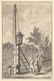 Plate 9: The Pulley: a man and a woman conversing to right, a lantern hung on a post to left, from "Les soirées de Rome", Hubert Robert  French, Etching