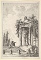 Plate 4: remains of a classical monument to right surmounted by a mask and tablet, a figure sitting on the porch, four figures on a staircase to left, four milestones below, from "Les soirées de Rome", Hubert Robert French, Etching