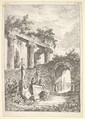 Plate 3: The Statue Before the Ruins: a statue to left next to three figures on a pedestal, a beggar standing in an archway to right, four columns and the remains of an entablature to top left, from "Les soirées de Rome", Hubert Robert  French, Etching