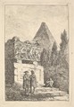Plate 6: The Sarcophagus: two men conversing to left, another man seated and sleeping to right, an ancient sarcophagus to left decorated with reliefs, a pyramid to right in the background half-hidden by cyprus trees, from "Les soirées de Rome", Hubert Robert  French, Etching