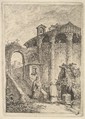 Plate 5: The Ancient Temple: a woman descending a staircase at left and giving alms to a beggar, a rotunda at right, from "Les soirées de Rome", Hubert Robert  French, Etching