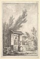 Plate 7: The Well: a young woman in center, seen from behind, drawing water from a well that is decorated with reliefs from an ancient sarcophagus, from "Les soirées de Rome", Hubert Robert  French, Etching