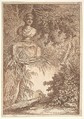 Plate 2: The Bust: a bust of a female wearing a diadem at top left, two amphoras at bottom left, surrounded by trees and greenery, from "Les soirées de Rome", Hubert Robert  French, Etching
