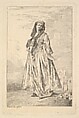 Woman walking and holding her skirt with her right hand, shown in three-quarters view with head turned toward the viewer, from "Figures of Fashion" (Figures de modes), Antoine Watteau  French, Etching
