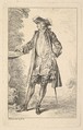 Standing man with his right hand resting on a basin, shown in three-quarters view with his head turned toward the left, from "Figures of Fashion" (Figures de Modes), Antoine Watteau  French, Etching