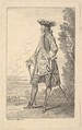 Man walking and carrying a cane in his right hand, shown in three-quarters view with his head turned away from the viewer, from "Figures of Fashion" (Figures de Modes), Antoine Watteau  French, Etching