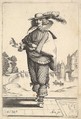 A gentleman standing in front of a large castle and wearing a plumed hat and a lace collar, the tomb with an engraving of the head of a woman on the ground to right, from "The Garden of the French Nobles In Which One Can Pick Up Their Way of Dressing", Abraham Bosse  French, Etching