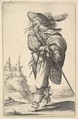 A gentleman, walking towards the left and drawing his sword from the sheath, wearing a plumed hat and boots with spurs, from "The Garden of the French Nobles In Which One Can Pick Up Their Way of Dressing", Abraham Bosse  French, Etching