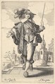 A gentleman walking forward, with his right arm outstretched and a whip in his left hand, wearing a plumed hat and decorated shoes, from "The Garden of the French Nobles In Which One Can Pick Up Their Way of Dressing", Abraham Bosse  French, Etching; first state of two
