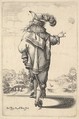 A gentleman wearing a plumed hat and carrying a sword, seen from behind, his right arm outstrestched, a landscape in the background with houses and a tower, from "The Garden of the French Nobles In Which One Can Pick Up Their Way of Dressing", Abraham Bosse  French, Etching; first state of two