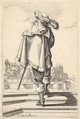 A gentleman, seen from behind, walking up a parapet, with a cloak over his left shoulder, wearing a plumed hat and boots with spurs, from "The Garden of the French Nobles In Which One Can Pick Up Their Way of Dressing", Abraham Bosse  French, Etching; first state of two