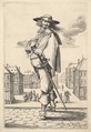 A gentleman, turned three-quarters to the left, wearing a hat and boots with spurs, carrying a sword in his belt, a town square in the background, from "The Garden of the French Nobles In Which One Can Pick Up Their Way of Dressing", Abraham Bosse  French, Etching; first state of two