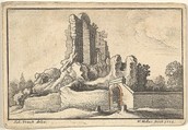 Ruins and a barred gate on the Esquiline Hill in Rome, from "Roman Ruins", Wenceslaus Hollar Bohemian, Etching, first state of three, graphite and red pencil additions, not by Hollar