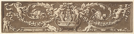 Ornamental frieze with putti, acanthus leaves, and garlands of fruit, from Recueil de Différentes Compositions Frises et Ornements dessinées et gravées à la manière du lavis par La Grenée le Juene Se trouve chez l'Auteur, au Louvre et chez Basan, rue et Hôtel Serpente A Paris, in an album containing Recueil de Compositions par Lagrenée Le Jeune (Collection of Compositions by Lagrenée the Younger), Jean Jacques Lagrenée  French, Etching and aquatint