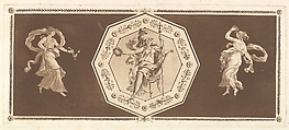 Minerve assisse dans un octagone décoratif, avec une figure à gauche et à doroite (la Nuit et le Jour?) (Minerva seated within an octagonal border, wth a figure at the right and at the left (Night and Day?), from Recueil de Différentes Compositions Frises et Ornements dessinées et gravées à la manière du lavis par La Grenée le Juene Se trouve chez l'Auteur, au Louvre et chez Basan, rue et Hôtel Serpente A Paris, in an album containing Recueil de Compositions par Lagrenée Le Jeune (Collection of Compositions by Lagrenée the Younger), Jean Jacques Lagrenée  French, Etching and aquatint