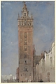 The Giralda, Seville, David Roberts  British, Scottish, Watercolor and gouache (bodycolor) over graphite on blue-gray paper