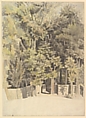 Trees by an entrance to a park, Theodosius Forrest British, Graphite, brush and green and ochre wash or watercolor