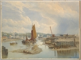 A town on an estuary at low tide, Edward Duncan  British, Watercolor with gum arabic, over graphite, heightened with touches of gouache (bodycolor)