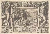 Aeëtes Gathers the Limbs of Absyrtes (Tandis qu'il fait les membres ramasser, Grecs font devoir de leurs voiles haulser...), from "Jason and the Golden Fleece", René Boyvin French, Engraving