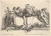 Plate 18: A cartouche containing an empty crest, two lionesses, one to left and one in center, an infant to right, from "Collection of various caprices and new inventions of cards and ornaments" (Raccolta di varii cappriccii et nove inventioni di cartelle et ornamenti), Stefano della Bella  Italian, Etching