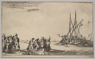A rowboat full of men in center, a group of men standing on shore at left, a ship full of men, one firing a pistol, at right, from "Set of eight nautical landscapes" (Suite de huit Marines), Stefano della Bella  Italian, Etching