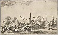 Combat between several rowboats and ships, two groups of men in rowboats fighting to left, two ships full of combatants to right, other ships and clouds of smoke in the background, from "Set of eight nautical landscapes" (Suite de huit Marines), Stefano della Bella  Italian, Etching