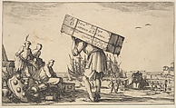 Title page: a man carrying a case on his back in center, three men looking towards him on left, Medici coat of arms on ground to left, various boats and figures to right in the background, from "Set of eight nautical landscapes" (Suite de huit Marines), Stefano della Bella  Italian, Etching