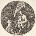 A female satyr breastfeeding an child to the right, turned towards the left, a satyr child on the ground to the left, from "Landscapes and seaports" (Paysages et ports de mer, dans des ronds), Stefano della Bella  Italian, Etching
