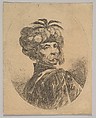 A Turkish man with a moustache, wearing a turban decorated with five egret feathers, turned three-quarters to the right, from "Several heads in the Persian style" (Plusieurs têtes coiffées à la persienne), Stefano della Bella  Italian, Etching; second state of two