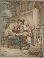 Parents Teaching Their Daughter a Song, Abraham van Strij Dutch, Watercolor, pen and brown and black ink; framing lines in pen and black ink
