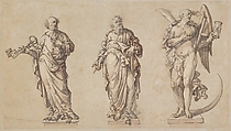 Sculpture Designs for Saint Peter, Saint Paul, and the Angel of Death, Anonymous, German, Augsburg or Munich, early 17th century, Pen and brown and black ink, brush and red-brown wash