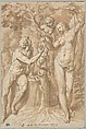 The Temptation of Eve, Peter van Lint Flemish, Pen and brown ink, brush and brown wash, over black chalk; squared in black chalk; framing lines in pen and brown ink