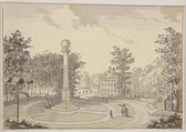View of Naesse castle and De Coninck's Column from the East, Erik Pauelsen  Danish, Pen and brush and brown ink; framing line in pen and brown ink, by the artist
