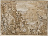 A Hunting Party, Jan van der Straet, called Stradanus  Netherlandish, Pen and brown ink, brown wash, heightened with white gouache; over graphite and/or black chalk; on light brown (prepared?) paper