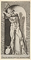 Plate 19: Vulcan standing in a niche swinging a hammer, with an anvil, hammer, and tongs at his feet, from "Mythological Gods and Goddesses", Giovanni Jacopo Caraglio Italian, Engraving