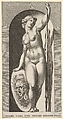 Plate 20: Pallas Athena holding a shield with Medusa's head in her right hand and a lance in her left hand, from "Mythological Gods and Goddesses", Giovanni Jacopo Caraglio Italian, Engraving