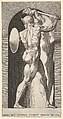 Plate 9: Mars in a niche, holding a sword above his head with his right arm, and a shield on his left arm, from "Mythological Gods and Goddesses", Giovanni Jacopo Caraglio Italian, Engraving