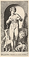Plate 2: Ops standing in a niche with her hands at her breasts, looking to her left, with animals behind her, from "Mythological Gods and Goddesses"
, Giovanni Jacopo Caraglio Italian, Engraving; third state of three (TIB)