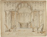 Design for a Bed Alcove in Empire Style, Anonymous, French, 19th century French, Pen and brown ink, brush and brown and blue wash, over graphite (recto); graphite (verso)