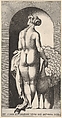Plate 4: Juno standing in a niche, viewed from behind, stroking a peacock to her right, from "Mythological Gods and Goddesses", Giovanni Jacopo Caraglio Italian, Engraving